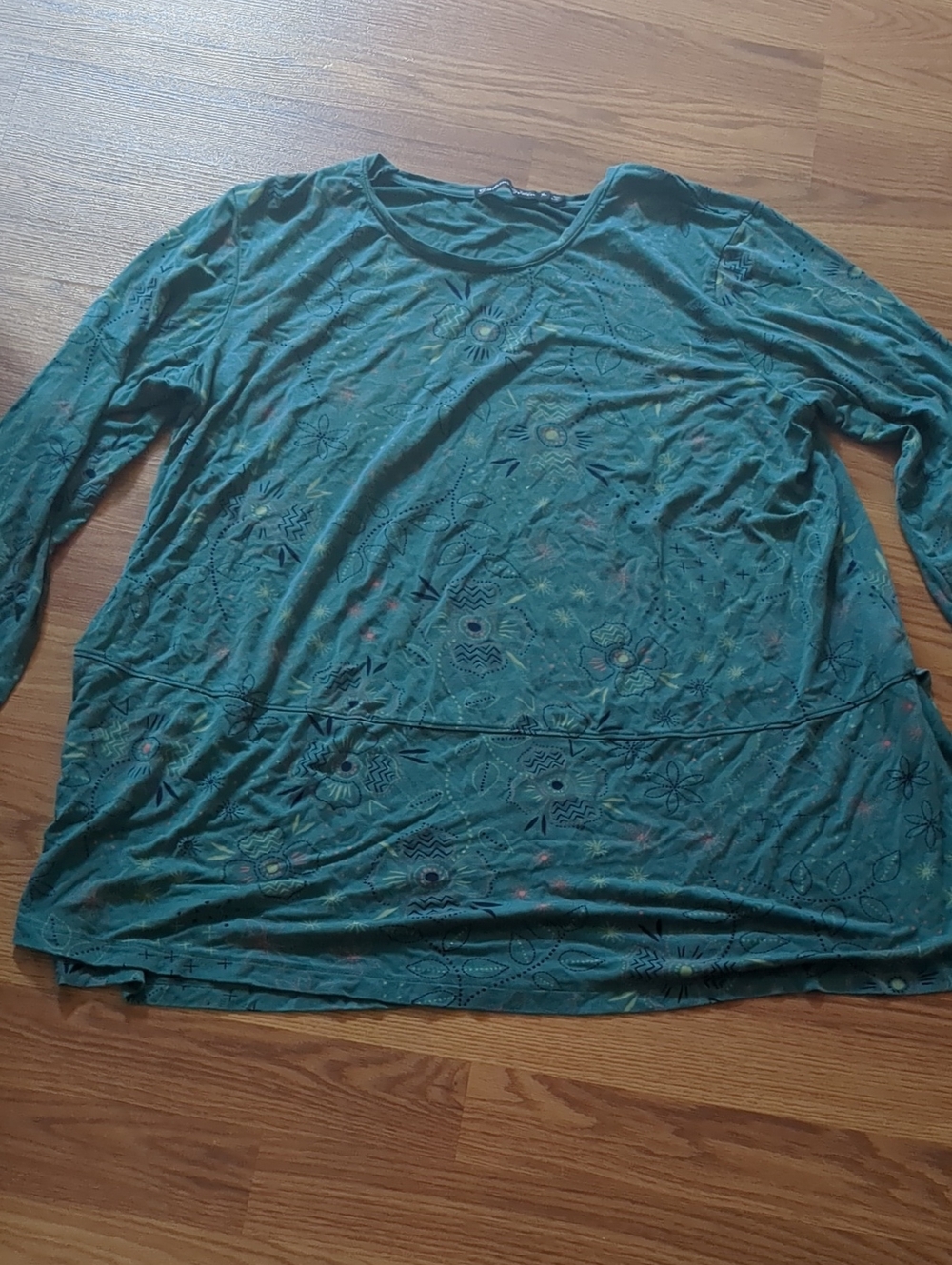 Gudrun Sjoden Teal Green Folk Art Floral Knit Tunic Top Swedish Boho XL
